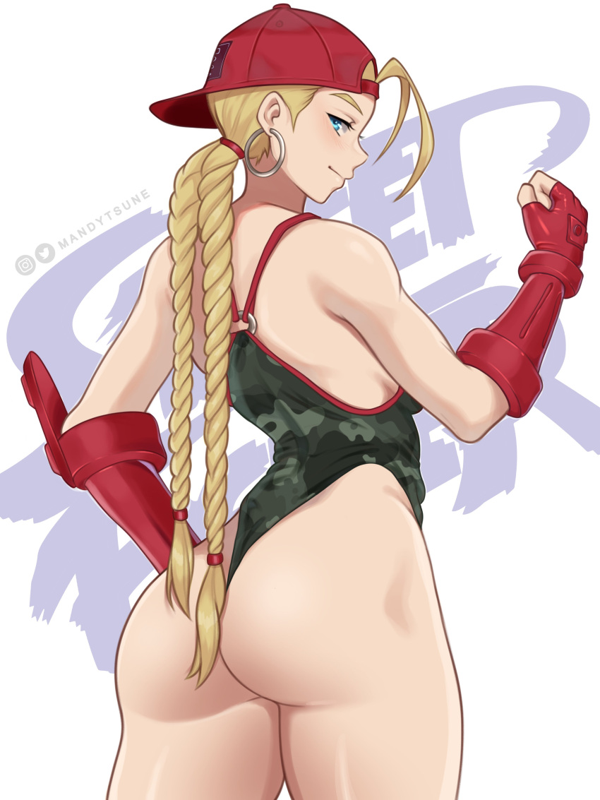 1girl absurdres ahoge ass backwards_hat baseball_cap blonde_hair blue_eyes braid breasts cammy_white camouflage_leotard closed_mouth copyright_name earrings fingerless_gloves gloves green_leotard hat highleg highleg_leotard highres hoop_earrings jewelry leotard looking_back mandytsune red_gloves red_headwear smile solo street_fighter thong_leotard twin_braids
