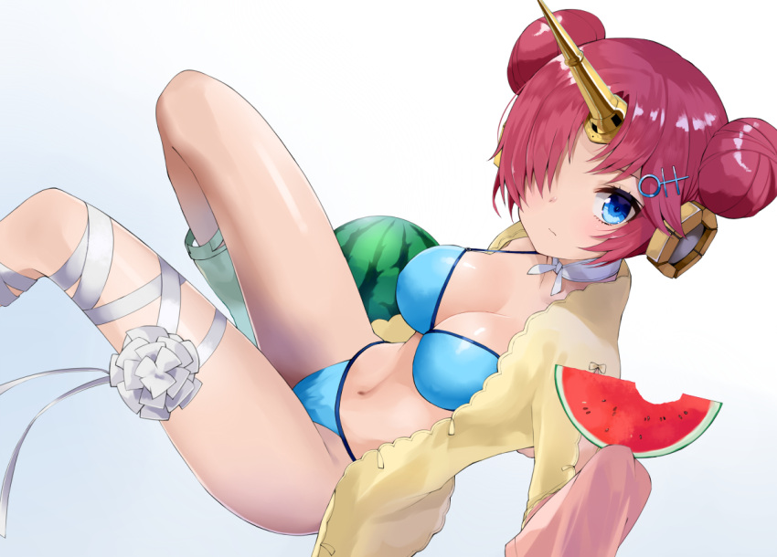 1girl bandage bangs bikini blue_bikini blue_eyes blush breasts cardigan cleavage closed_mouth double_bun fate/grand_order fate_(series) food frankenstein's_monster_(swimsuit_saber)_(fate) from_side fruit gomashi_(goma) hair_ornament hair_over_one_eye holding holding_food horn large_breasts looking_at_viewer navel open_cardigan open_clothes purple_hair short_hair solo swimsuit thighs tsurime watermelon
