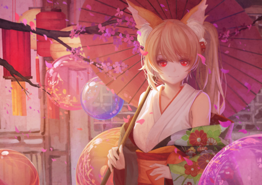 1girl animal_ears blush brown_hair closed_mouth collarbone eyebrows_visible_through_hair fox_ears holding holding_umbrella long_hair looking_at_viewer original parasol red_eyes smile solo umbrella youxuemingdie