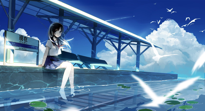 1girl barefoot bench bird black_eyes black_hair highres lily_pad long_hair looking_at_viewer neckerchief original railroad_tracks red_neckerchief school_uniform serafuku sign sitting solo train_station yuzua