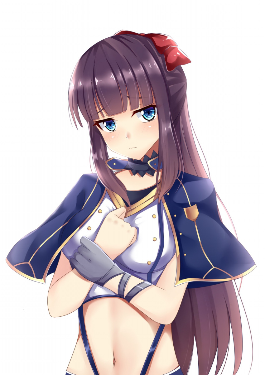 1girl blue_eyes blush bow breasts brown_hair closed_mouth eyebrows_visible_through_hair hair_bow hands_on_own_chest highres large_breasts long_hair looking_at_viewer navel new_game! otono_fei ponytail red_bow solo takimoto_hifumi upper_body