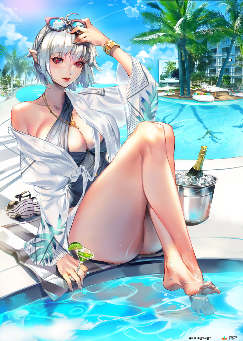 1girl absurdres ahoge alcohol arm_at_side ass bangs bare_legs bare_shoulders barefoot beach_towel blue_nails blunt_bangs bottle bracelet breasts building casual_one-piece_swimsuit champagne champagne_bottle cleavage closed_mouth clouds cloudy_sky cocktail cocktail_glass cup drinking_glass eyebrows_visible_through_hair eyelashes feet fingernails food fruit glass glasses glasses_on_head glint hand_on_head hand_to_head highres hotel ice_bucket imp_(sksalfl132) jewelry knees_up large_breasts legs legs_crossed legs_together lemon lemon_slice long_fingernails long_sleeves looking_at_viewer nail_polish necklace nose off_shoulder one-piece_swimsuit original outdoors palm_tree plate pointy_ears pool poolside qurare_magic_library red_eyes ring sandals short_hair silver_hair sitting sky solo striped striped_towel sunglasses swimsuit teeth thick_thighs thighs toenail_polish toenails toes towel tree water water_drop watermelon wide_sleeves