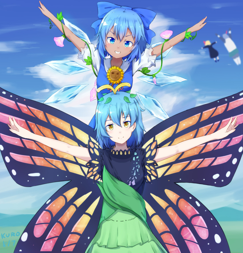 3girls blue_eyes blue_hair butterfly_wings character_request cirno commentary_request dark_skin dress eternity_larva flower highres kuroda_kuwa leaf multiple_girls praise_the_sun rumia sky sunflower tagme tan tanned_cirno touhou wings yellow_eyes