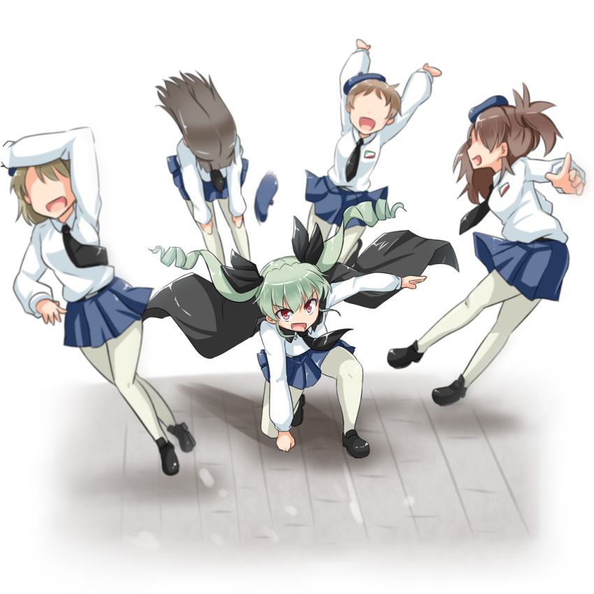 10s 5girls anchovy anzio_school_uniform bangs belt beret black_cape black_necktie black_ribbon black_shoes black_skirt cape dress_shirt drill_hair emblem extra girls_und_panzer green_hair hair_ribbon hat kitayama_miuki loafers long_hair long_sleeves looking_at_viewer miniskirt multiple_girls necktie one_knee open_mouth pantyhose pleated_skirt pose red_eyes ribbon school_uniform shirt shoes short_hair siko_(girls_und_panzer) skirt smile solo_focus twin_drills twintails white_background white_legwear white_shirt