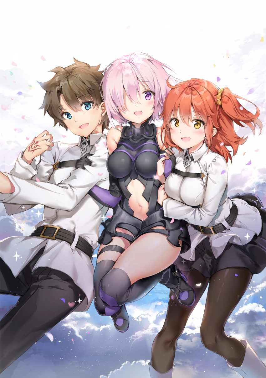 1boy 2girls absurdres ahoge anmi armor armored_dress bare_shoulders belt black_dress black_hair black_legwear black_skirt blue_eyes blush boots breasts commentary_request dress elbow_gloves eyebrows_visible_through_hair fate/grand_order fate_(series) fujimaru_ritsuka_(female) fujimaru_ritsuka_(male) gloves hair_ornament hair_over_one_eye hair_scrunchie hand_holding hand_tattoo highres lavender_hair locked_arms long_sleeves looking_at_viewer multiple_girls navel navel_cutout open_mouth orange_hair pants pantyhose popped_collar purple_gloves scrunchie shielder_(fate/grand_order) shirt short_hair side_ponytail skirt smile thigh-highs violet_eyes white_shirt yellow_eyes