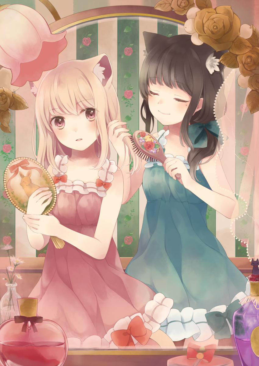 2girls animal_ears bangs black_hair blush brown_eyes brown_hair cat_ears closed_eyes closed_mouth commentary_request dress extra_ears eyebrows_visible_through_hair frills green_dress hair_brushing highres holding_mirror long_hair loungewear millcutto mirror mole mole_under_eye multiple_girls original parted_lips pink_dress smile