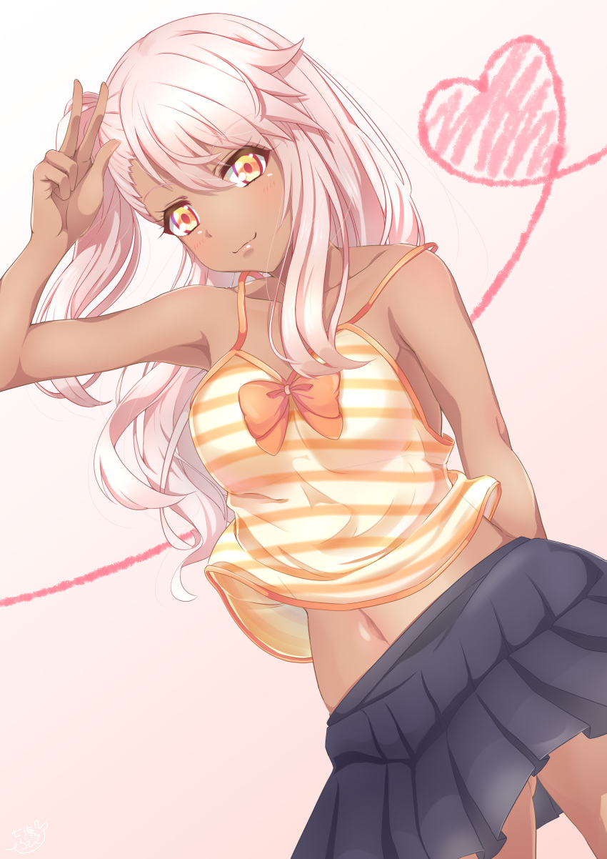 1girl absurdres armpits arms_behind_back bangs bare_arms bare_shoulders belly_peek black_skirt blush bow bowtie breasts camisole chloe_von_einzbern closed_mouth collarbone cowboy_shot dark_skin eyelashes fate/kaleid_liner_prisma_illya fate_(series) gluteal_fold gradient gradient_background gradient_eyes hair_between_eyes hand_to_head hand_up heart heart_of_string highres legs_apart lips long_hair looking_at_viewer midriff miniskirt multicolored multicolored_eyes nanamira_bi navel no_bra one_side_up orange_bow orange_bowtie orange_eyes pink_hair pleated_skirt side_ponytail skirt small_breasts smile solo stomach striped striped_camisole w yellow_eyes