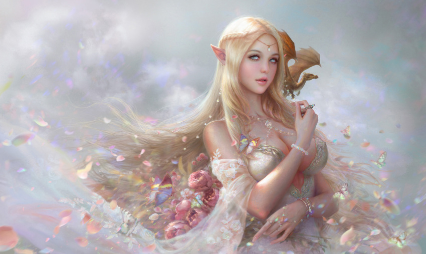 1girl bare_shoulders blonde_hair blush bracelet braid breasts butterfly chains cleavage clouds collarbone dragon dress ear_piercing elf fantasy flower gem grey_eyes highres jewelry large_breasts long_hair original outdoors parted_lips petals piercing pointy_ears ring rose rose_petals ruoxin_zhang upper_body wavy_hair white_dress wings