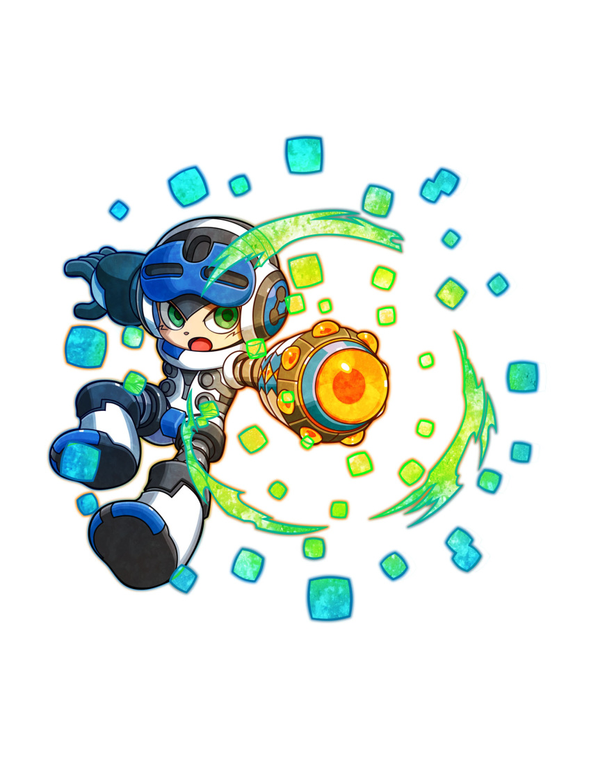 1boy android arm_cannon beck_(mighty_no._9) boots full_body green_eyes helmet highres male_focus mighty_gunvolt mighty_gunvolt_burst mighty_no._9 official_art open_mouth ringed_eyes simple_background solo weapon white_background