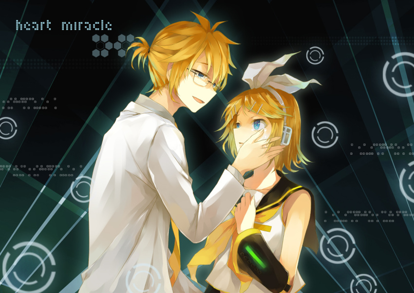 1boy 1girl blonde_hair blue_eyes blush glasses hair_ornament hairclip hand_on_another's_face headphones kagamine_len kagamine_rin long_sleeves looking_at_another neckerchief parted_lips ryuu32 short_hair sleeveless smile vocaloid yellow_neckerchief