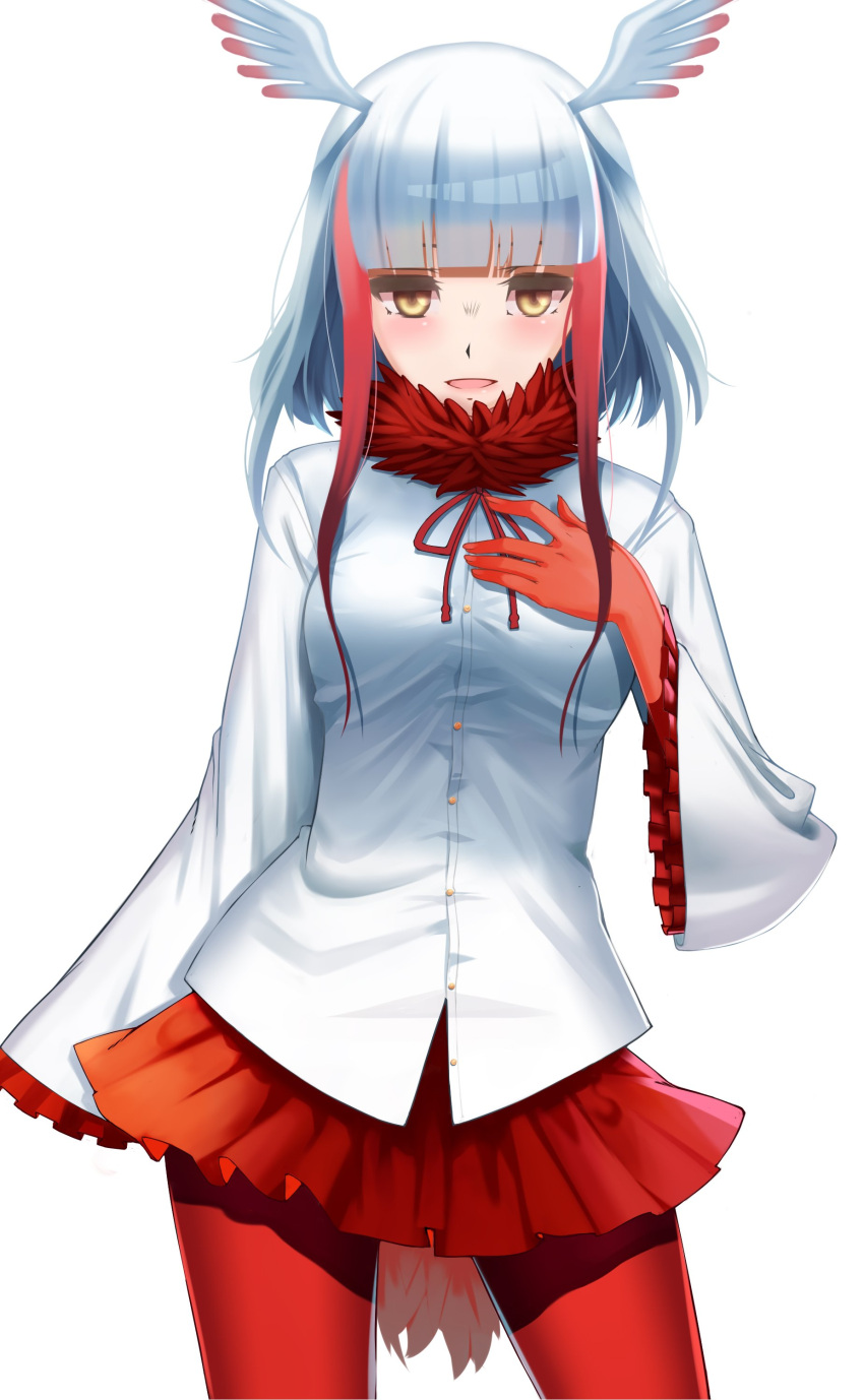 1girl :d absurdres arm_at_side arms_at_sides bangs bird_tail blunt_bangs blush breasts buttons collar commentary_request cowboy_shot eyebrows_visible_through_hair frilled_sleeves frills fur_collar gloves gradient_hair hand_on_own_chest hand_up head_wings highres japanese_crested_ibis_(kemono_friends) kemono_friends legs_apart long_hair long_sleeves looking_at_viewer medium_breasts miniskirt multicolored_hair neck_ribbon open_mouth pantyhose pleated_skirt red_gloves red_legwear red_ribbon red_skirt redhead ribbon rur_(ml_ruru) shirt short_hair_with_long_locks sidelocks simple_background skirt sleeves_past_wrists small_breasts smile solo standing tail two-tone_hair white_background white_hair white_shirt wide_sleeves wings yellow_eyes