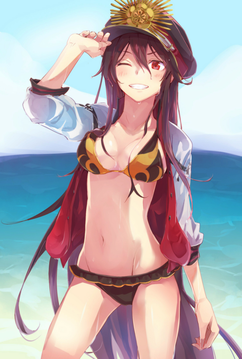 1girl beach bikini black_bikini black_hair buster_shirt cowboy_shot demon_archer eyebrows_visible_through_hair fate/grand_order fate_(series) groin hat highres horizon jacket koha-ace long_hair lowleg lowleg_bikini ocean oda_nobunaga_(swimsuit_berserker)_(fate) one_eye_closed peaked_cap red_eyes solo swimsuit tomozero white_jacket