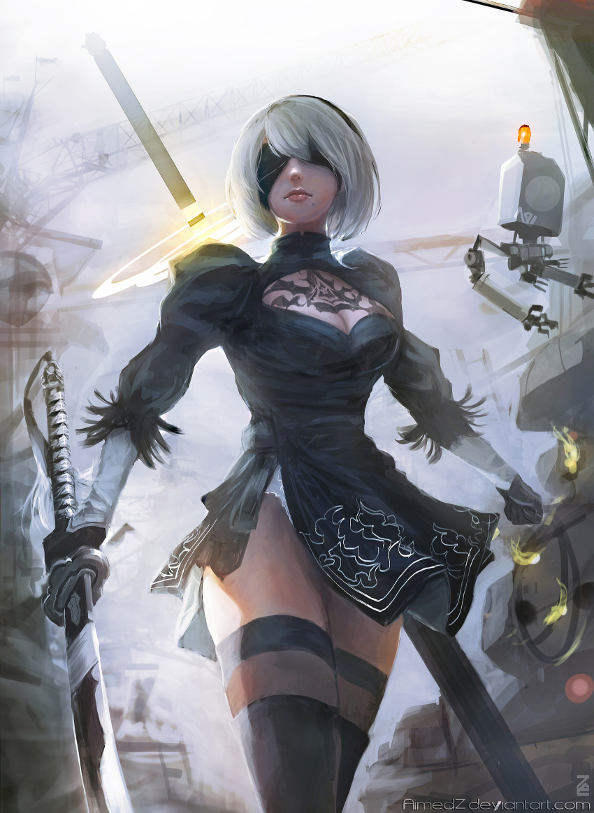 1girl aimedz artist_name black_boots black_dress black_gloves black_legwear boots breasts cleavage cleavage_cutout clenched_hand closed_mouth covered_eyes crane deviantart_username dress facing_viewer gloves grey_sky highres holding holding_sword holding_weapon juliet_sleeves leotard light_smile lips long_sleeves medium_breasts mole mole_under_mouth nier_(series) nier_automata puffy_sleeves revision short_hair solo sword thigh-highs thigh_boots thighhighs_under_boots turtleneck vambraces watermark weapon web_address white_hair white_leotard yorha_no._2_type_b yorha_no._9_type_s