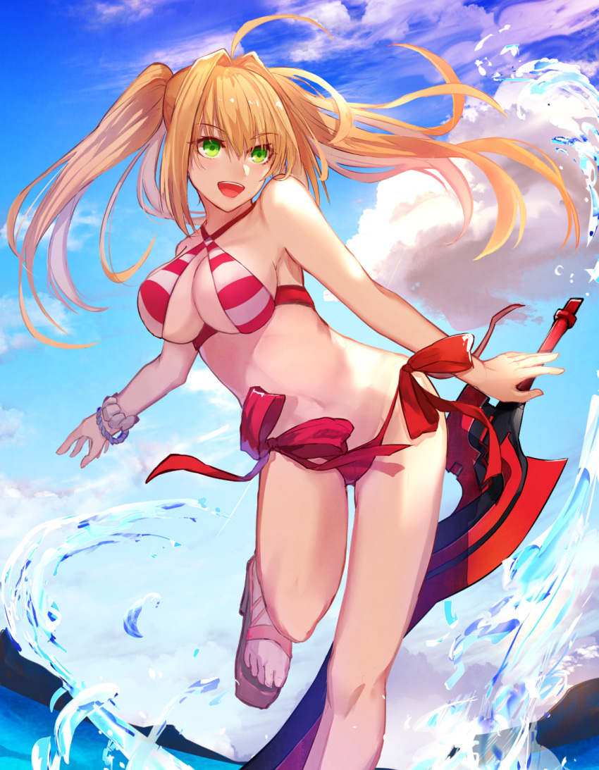 1girl :d ahoge bangs bare_shoulders blonde_hair blue_sky blush breasts day eisuto fate/grand_order fate_(series) green_eyes hair_intakes highres holding holding_sword holding_weapon large_breasts leg_up looking_at_viewer navel nero_claudius_(swimsuit_caster)_(fate) ocean open_mouth saber_extra scrunchie sky smile solo stomach sword twintails weapon wrist_scrunchie