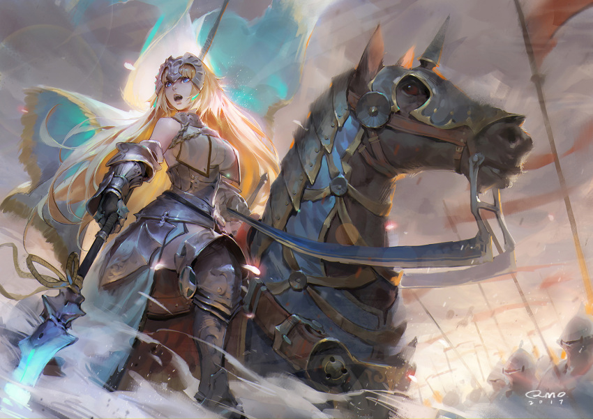 1girl 2017 animal arm_at_side armor armored_boots armored_dress bangs banner belt blonde_hair blue_eyes boots bow breasts chains cowter dated fate/apocrypha fate/grand_order fate_(series) faulds flag full_armor full_body gauntlets greaves hair_down harness headpiece helmet holding holding_spear holding_weapon horse knight lance legs_apart long_hair looking_away medium_breasts military nose open_mouth pink_lips plackart polearm qmo_(chalsoma) ruler_(fate/apocrypha) scabbard sheath sheathed sitting smoke solo spear standard_bearer sword teeth turtleneck very_long_hair war weapon