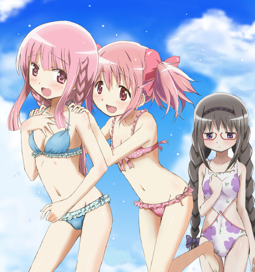 3girls :d akemi_homura bangs bikini black_hair blue_bikini blush bow braid character_request clenched_hand commentary_request floral_print frilled_bikini frills front-tie_top hair_bow hairband halterneck hand_on_own_chest hands_on_another's_shoulders highres kaname_madoka kinfuji mahou_shoujo_madoka_magica midriff multiple_girls navel open_mouth pink_bikini pink_bow pink_eyes pink_hair red-framed_eyewear red_eyes smile swimsuit twin_braids twintails violet_eyes