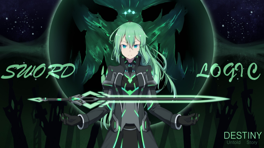 armor blue_eyes coat commentary_request copyright_name crota destiny_(game) english gloves green_hair kuroda_kuwa neon_trim personification ponytail sword tagme weapon