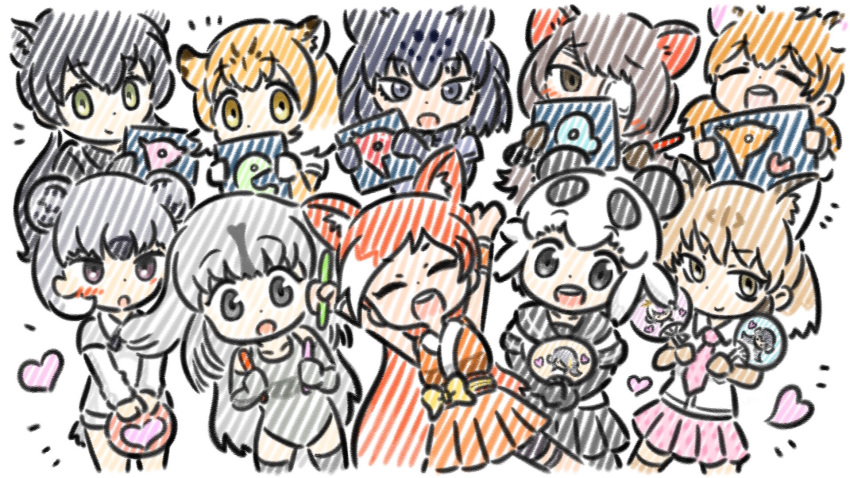 6+girls :d \o/ animal_ears appleq arms_up australian_devil_(kemono_friends) black_eyes blonde_hair brown_eyes brown_hair character_request closed_eyes commentary_request crunchyroll extra eyepatch giant_panda_(kemono_friends) glowstick green_eyes grey_eyes grey_hair heart highres hime_(crunchyroll) kemono_friends long_hair looking_at_viewer multiple_girls open_mouth orange_hair outstretched_arms short_hair smile tail white_hair yellow_eyes