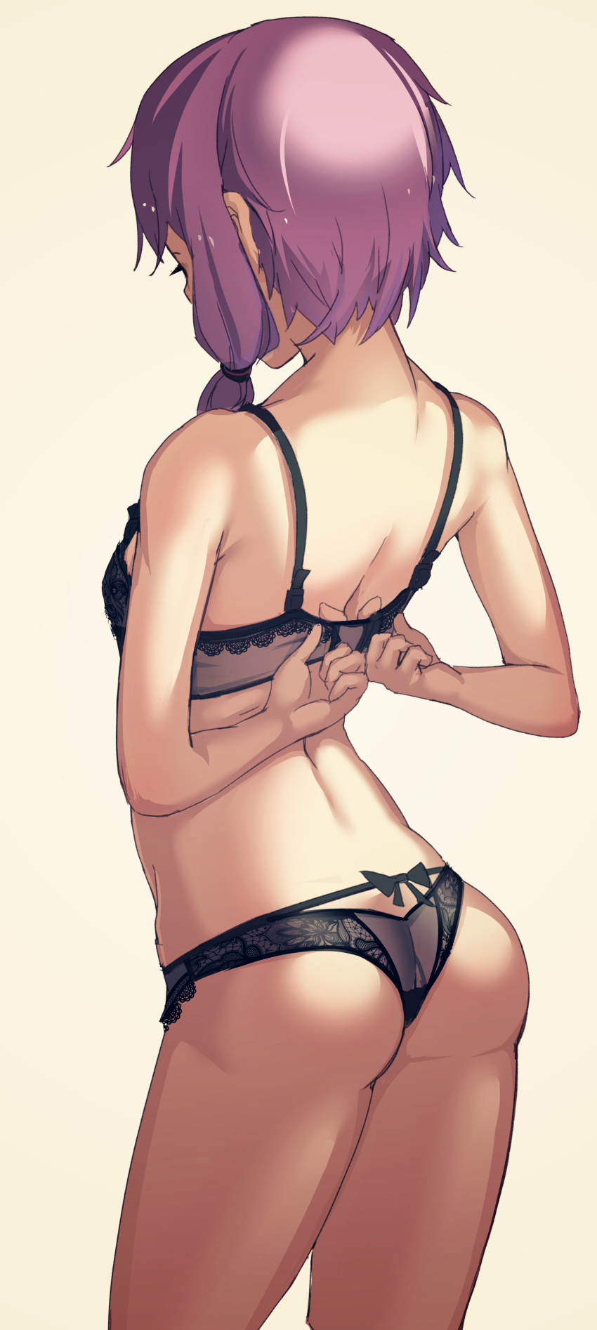 1girl absurdres arms_behind_back ass at2. back beige_background black_bra black_panties bra dressing from_behind highres lace lace-trimmed_bra lace-trimmed_panties lace_trim lingerie long_hair low_twintails panties purple_hair simple_background solo thighs twintails underwear underwear_only vocaloid voiceroid yuzuki_yukari