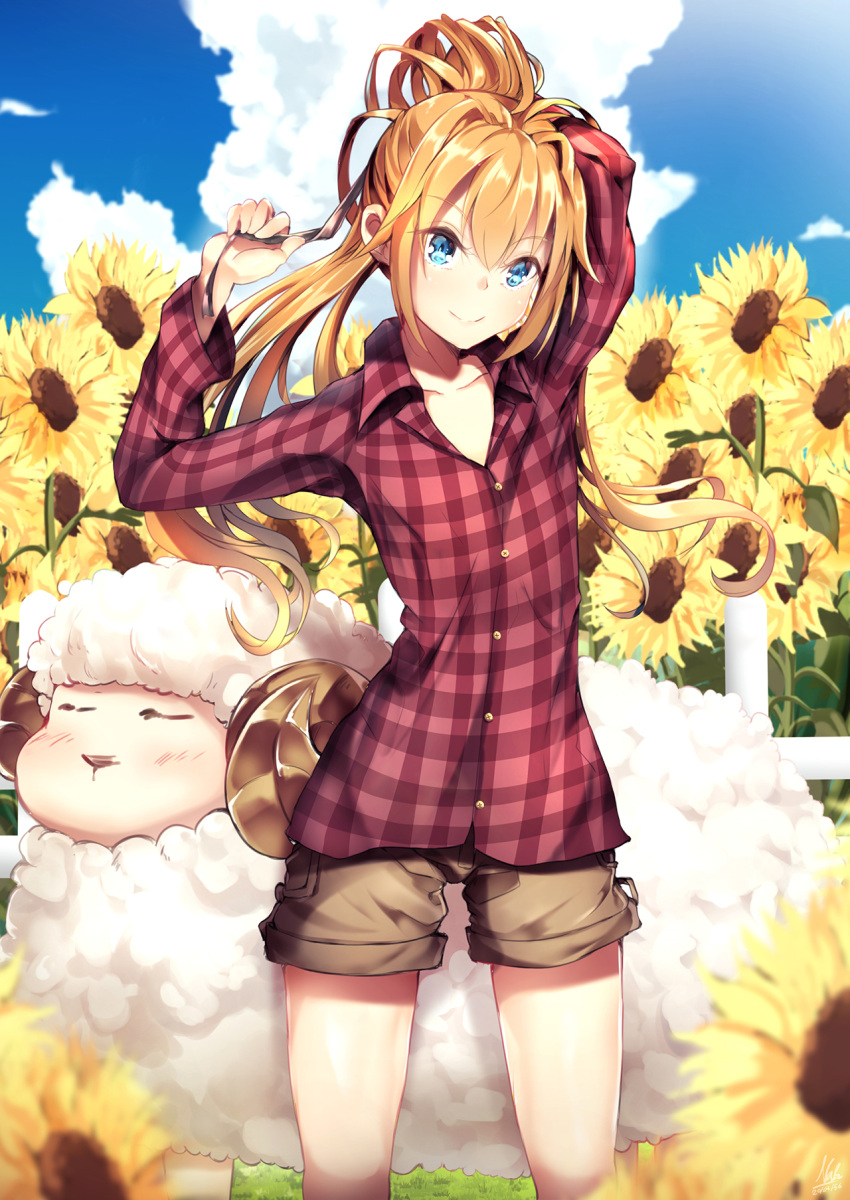 1girl adjusting_hair arm_up bangs black_ribbon blonde_hair blue_eyes blue_sky blush breasts brown_shorts buttons closed_mouth clouds cloudy_sky collarbone collared_shirt commentary_request cowboy_shot day eyebrows_visible_through_hair fence field flower flower_field fur grass hair_between_eyes hair_ornament hand_up highres holding_ribbon horns legs_apart long_hair long_sleeves looking_at_viewer nakatokung original outdoors plaid plaid_shirt ponytail red_shirt ribbon saliva saliva_trail sheep sheep_horns shirt shorts sidelocks sky sleeping smile solo standing sunflower tying_hair yellow_flower