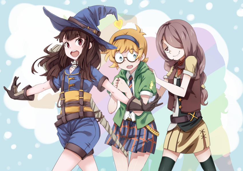 3girls black_legwear blue_eyes blue_hat blue_necktie blush brown_hair closed_mouth eyebrows_visible_through_hair glasses gosledging hat heart heart-shaped_pupils kagari_atsuko little_witch_academia long_hair looking_at_viewer looking_away lotte_jansson multiple_girls necktie open_mouth orange_hair parted_lips red_eyes semi-rimless_glasses short_hair smile star star-shaped_pupils striped striped_necktie sucy_manbavaran symbol-shaped_pupils thigh-highs witch_hat