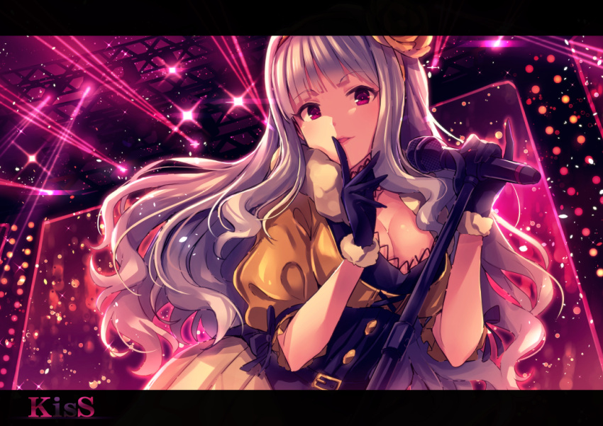 1girl beyond_the_nobles breasts choker cleavage flower gloves hair_flower hair_ornament hairband idolmaster ima_(lm_ew) large_breasts laser long_hair looking_at_viewer microphone shijou_takane silver_hair smile solo stage violet_eyes