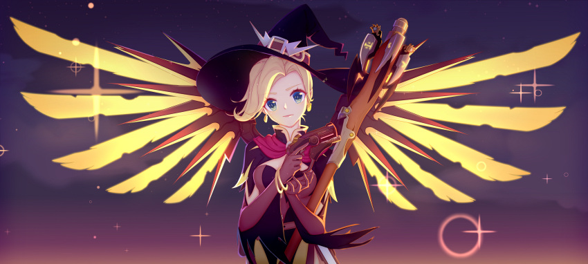 1girl alternate_costume blonde_hair blue_eyes bodice breasts brown_gloves cleavage earrings elbow_gloves gloves glowing glowing_wings gradient gradient_background gun halloween_costume handgun hat head_tilt high_ponytail highres holding holding_gun holding_staff holding_weapon ini_(337925195) jack-o'-lantern jack-o'-lantern_earrings jewelry looking_at_viewer mechanical_wings medium_breasts mercy_(overwatch) overwatch pistol purple_background short_sleeves solo spread_wings staff trigger_discipline upper_body weapon wings witch witch_hat witch_mercy yellow_wings