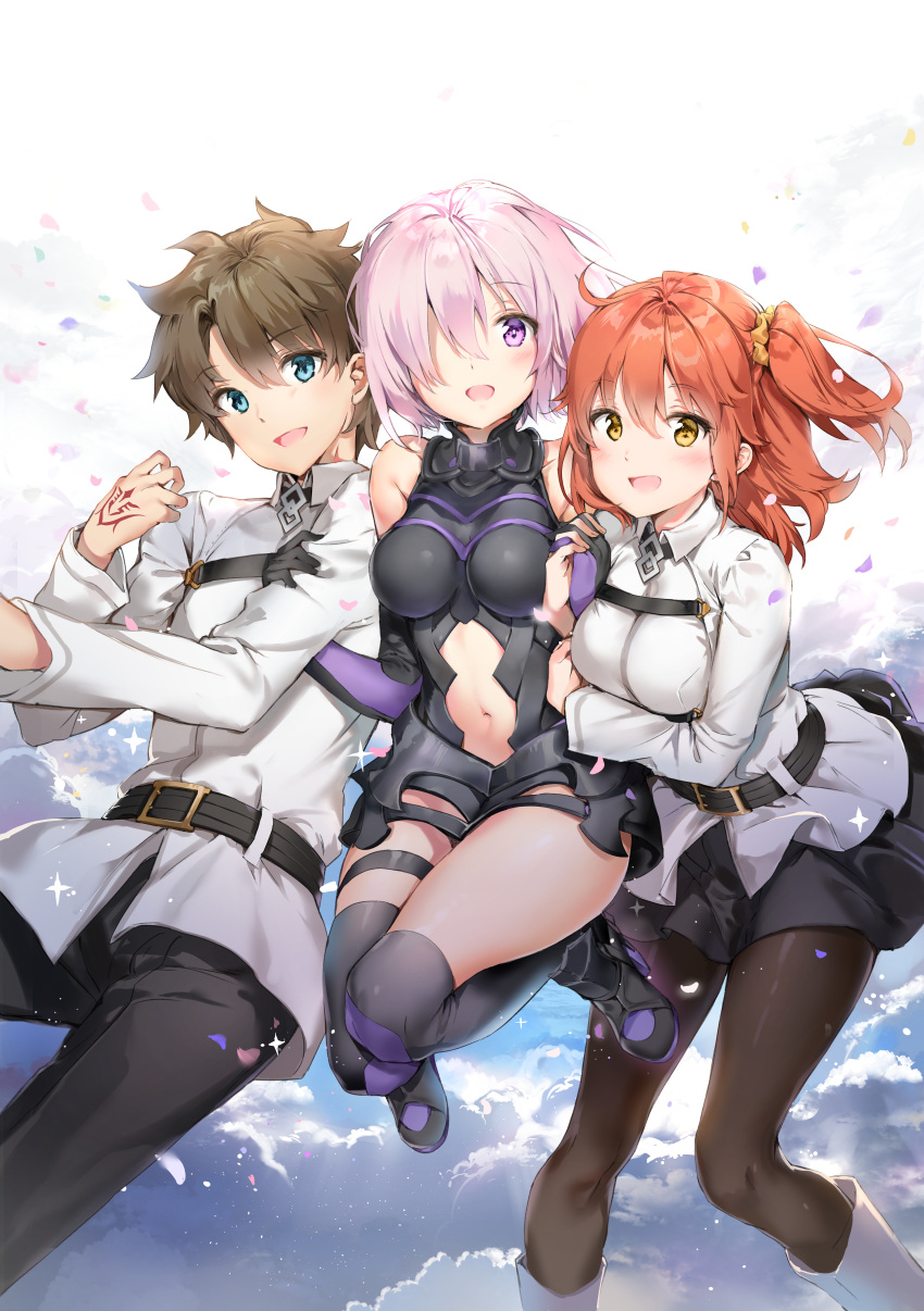 1boy 2girls :d absurdres ahoge anmi armor armored_dress bare_shoulders belt black_dress black_hair black_legwear black_skirt blue_eyes blush boots breasts commentary_request dress elbow_gloves eyebrows_visible_through_hair fate/grand_order fate_(series) fujimaru_ritsuka_(female) fujimaru_ritsuka_(male) gloves hair_ornament hair_over_one_eye hair_scrunchie hand_holding hand_tattoo highres lavender_hair locked_arms long_sleeves looking_at_viewer multiple_girls navel navel_cutout open_mouth orange_hair pants pantyhose popped_collar purple_gloves sandwiched scrunchie shielder_(fate/grand_order) shirt short_hair side_ponytail skirt smile thigh-highs violet_eyes white_shirt yellow_eyes