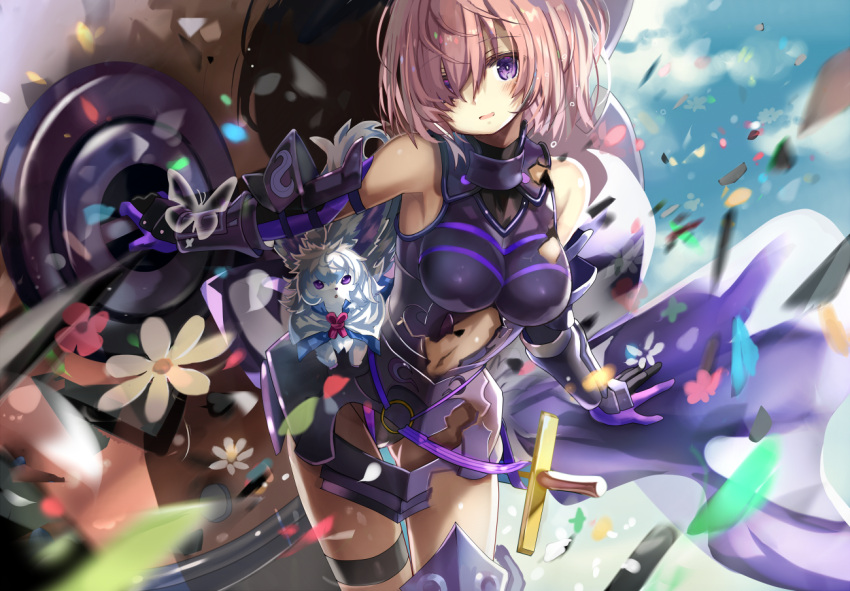 1girl armor armored_dress armpits bare_shoulders blush breasts butterfly cowboy_shot elbow_gloves eyes_visible_through_hair fate/grand_order fate_(series) flower fou_(fate/grand_order) gloves hair_over_one_eye lavender_hair looking_at_viewer medium_breasts navel parted_lips purple_gloves shield shielder_(fate/grand_order) shino_(eefy) short_hair smile vambraces