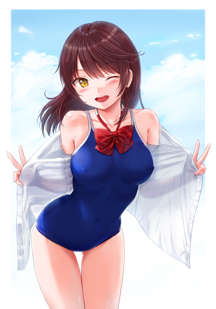 1girl bangs bare_shoulders blue_sky blue_swimsuit blush breasts brown_eyes brown_hair clouds commentary_request covered_navel day double_v erect_nipples eri_(resia) eyebrows_visible_through_hair highres long_hair looking_at_viewer new_school_swimsuit no_pants one-piece_swimsuit one_eye_closed open_clothes open_mouth open_shirt original outdoors school_swimsuit shirt sky smile solo standing swimsuit swimsuit_under_clothes v wet white_shirt