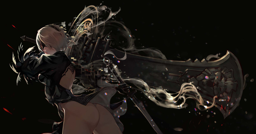 1girl analogtvpdj ass back_cutout black_dress blindfold breasts covered_eyes digital_dissolve dress dual_wielding feather-trimmed_sleeves highres huge_weapon katana leotard leotard_under_clothes long_sleeves medium_breasts nier_(series) nier_automata silver_hair solo sword thong_leotard weapon white_leotard yorha_no._2_type_b