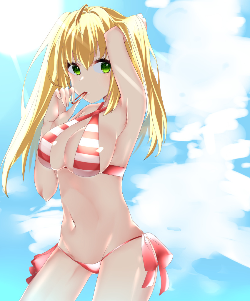 1girl absurdres ahoge armpits bikini blonde_hair breasts clouds contrapposto cowboy_shot day eyebrows_visible_through_hair fate/grand_order fate_(series) green_eyes halterneck highres light_rays long_hair looking_at_viewer medium_breasts mouth_hold navel nero_claudius_(swimsuit_caster)_(fate) outdoors saber_extra side-tie_bikini skindentation sky solo stomach striped striped_bikini swimsuit twintails tying_hair yuzuki_shia
