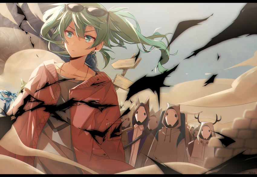 1girl aka_tonbo_(lililil) bangs closed_mouth collarbone green_eyes green_hair grey_shirt hair_between_eyes hatsune_miku jacket long_hair mask open_clothes open_jacket outdoors red_jacket shirt sign solo suna_no_wakusei_(vocaloid) sunglasses sunglasses_on_head tsurime twintails vocaloid