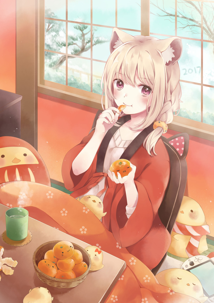 1girl 2017 absurdres animal_ears bangs bird blonde_hair blush braid breasts chick creature cup daruma_doll eating eyebrows_visible_through_hair food fruit highres holding holding_food holding_fruit kotatsu looking_at_viewer millcutto open_clothes open_robe orange orange_slice original robe sitting sleeping small_breasts smile snow table tree violet_eyes wide_sleeves window