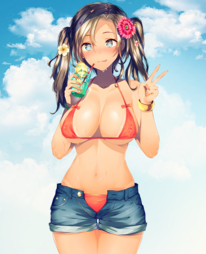 1girl :p absurdres aqua_eyes bikini bikini_tan bikini_under_clothes blonde_hair blush bracelet breasts clouds commentary_request cowboy_shot cup day drinking_glass drinking_straw erect_nipples flower food fruit hair_flower hair_ornament halterneck heart heart-shaped_pupils highres jewelry large_breasts lemon long_hair looking_at_viewer navel necklace open_fly orange_bikini original short_shorts shorts sky smile solo suihei_sen sweat swimsuit symbol-shaped_pupils tan tanline tongue tongue_out twintails unbuttoned unzipped v