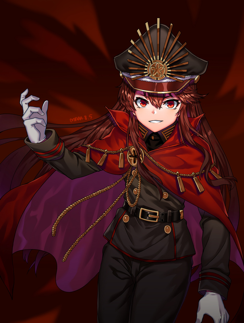 1girl absurdres black_hair cape demon_archer family_crest fate/grand_order fate_(series) gloves grin hat highres koha-ace long_hair looking_at_viewer makise_medaka military military_uniform oda_uri open_mouth peaked_cap red_eyes smile solo uniform