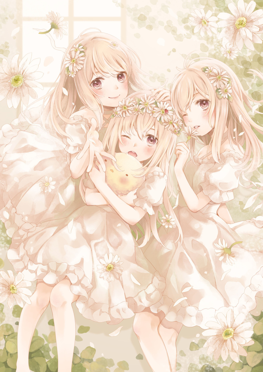 3girls bangs blush brown_eyes dress feet_out_of_frame floral_print flower hair_flower hair_ornament head_wreath highres light_brown_hair looking_at_viewer millcutto multiple_girls open_mouth original puffy_sleeves short_sleeves smile white_dress window