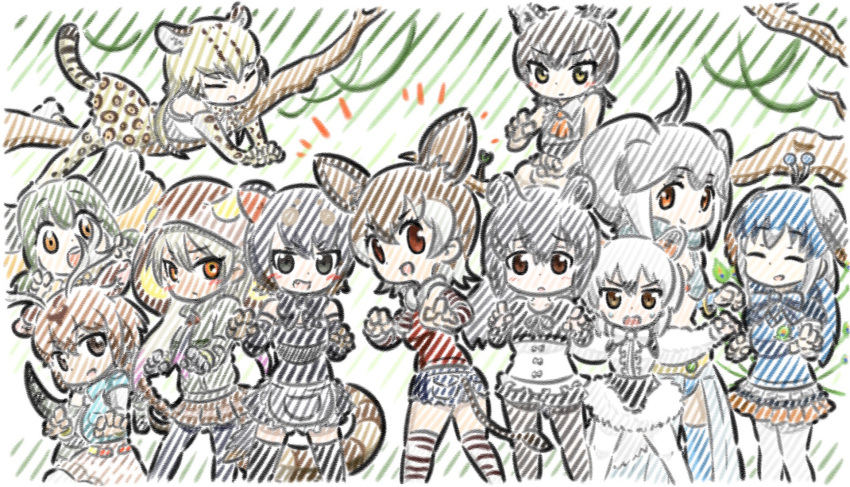 &gt;:d &gt;:o 6+girls :d :o ^_^ animal_ears antlers appleq axis_deer_(kemono_friends) black_eyes black_hair blue_hair brown_eyes brown_hair claw_pose closed_eyes commentary_request eyebrows_visible_through_hair fossa_(kemono_friends) frilled_lizard_(kemono_friends) green_hair head_wings highres hood indian_elephant_(kemono_friends) kemono_friends king_cobra_(kemono_friends) long_hair looking_at_viewer malayan_tapir_(kemono_friends) multiple_girls ocelot_(kemono_friends) okapi_(kemono_friends) open_mouth orange_eyes peafowl_(kemono_friends) short_hair smile snake_tail southern_tamandua_(kemono_friends) tail tasmanian_devil_(kemono_friends) tree white_hair yellow_eyes