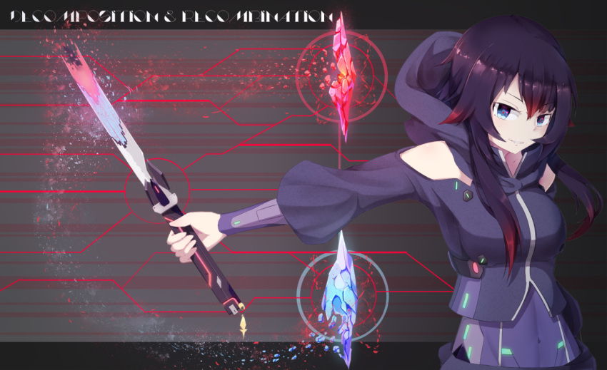 armor black_hair blue_eyes commentary_request covered_navel crack crystal english kuroda_kuwa multicolored multicolored_eyes multicolored_hair original redhead sword tagme weapon