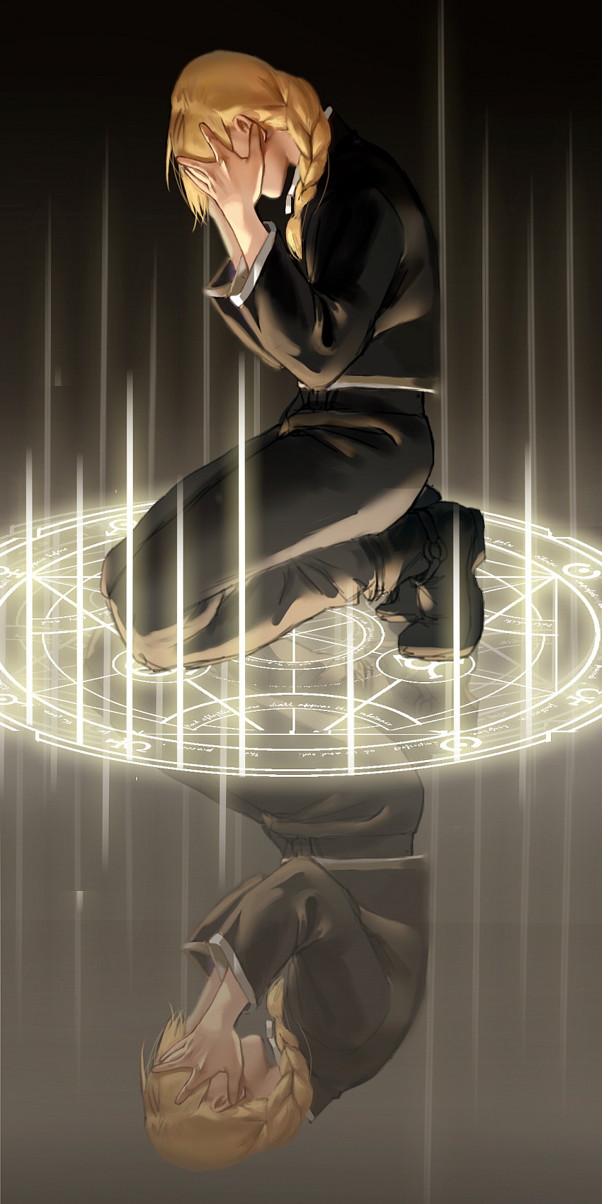 1boy blonde_hair boots braid covering_face edward_elric face_in_hands fullmetal_alchemist highres jacket kneeling long_hair magic_circle qiaoyouyounan reflection solo