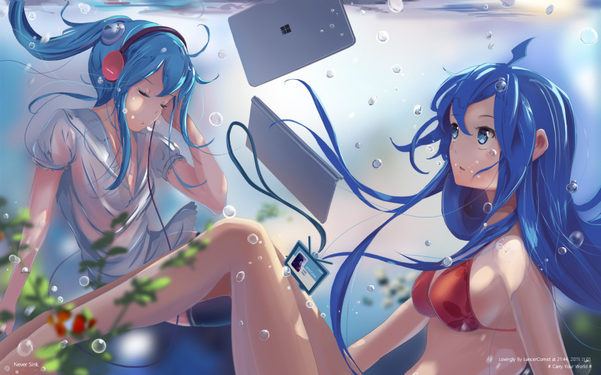 2girls artist_name bili_girl_22 bili_girl_33 bilibili_douga black_legwear blue_eyes blue_hair blush breasts bubble closed_eyes closed_mouth computer dated eyebrows_visible_through_hair facing_another headphones highres lancercomet laptop medium_breasts multiple_girls parted_lips tablet thigh-highs