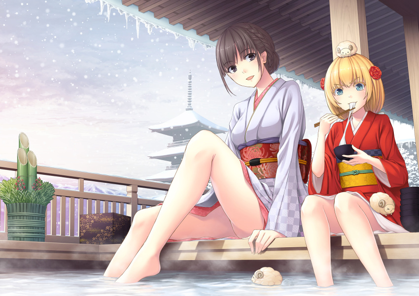 &gt;:&gt; 2girls animal animal_on_head architecture ashiyu bangs black_eyes black_hair blonde_hair blue_eyes bowl braid east_asian_architecture eating flower hair_flower hair_ornament hair_up highres icicle japanese_clothes kimono legs looking_at_another multiple_girls nengajou new_year no_panties obi on_head sash sheep short_hair sitting snow snowing soaking_feet water yumemizuki