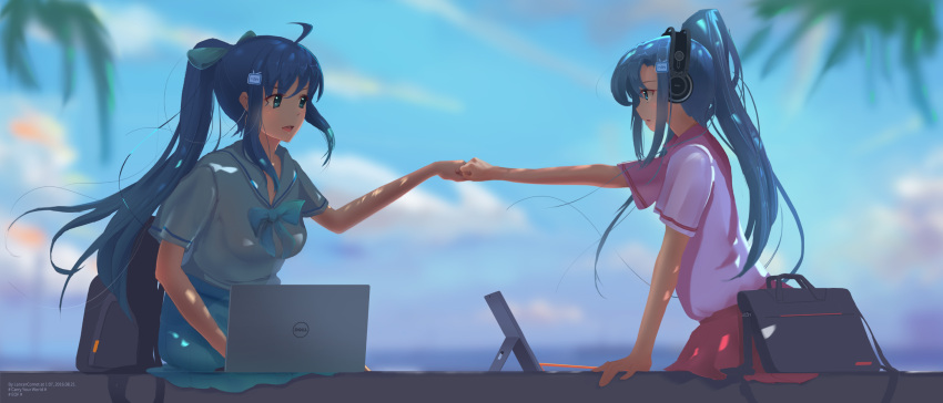 2girls ahoge alternate_hairstyle bili_girl_22 bili_girl_33 bilibili_douga blue_bow blue_eyes blue_hair blush bow breasts computer fist_bump hair_bow headphones highres lancercomet laptop long_hair looking_at_another medium_breasts multiple_girls parted_lips ponytail red_skirt sitting skirt smile tablet