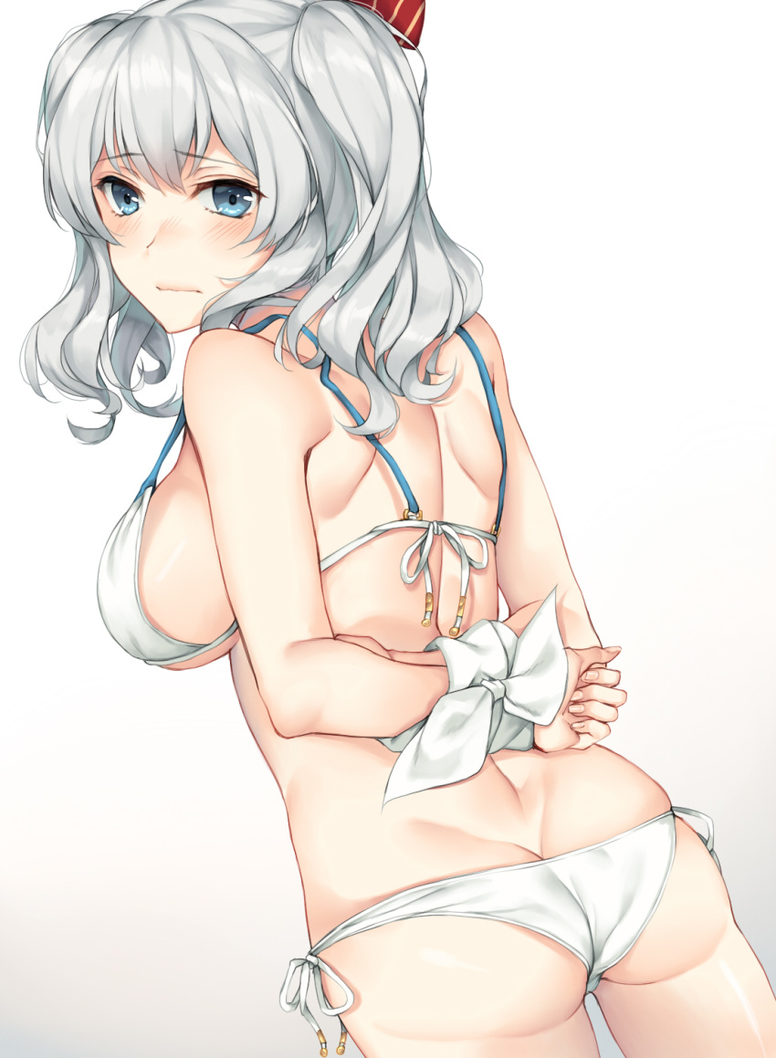 1girl arms_behind_back ass bikini blue_eyes blush bound bound_wrists breasts butt_crack embarrassed eyebrows_visible_through_hair hair_tie highres kantai_collection kashima_(kantai_collection) large_breasts long_hair looking_back rinarisa side-tie_bikini sideboob silver_hair simple_background skindentation solo swimsuit twintails underwear white_background white_bikini