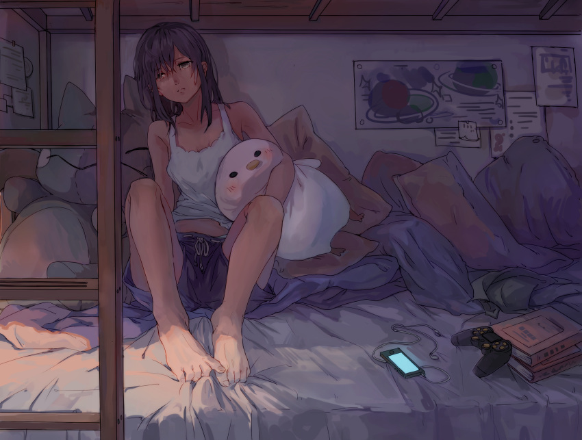 1girl barefoot black_hair book brown_eyes controller digital_media_player einri game_controller highres holding holding_stuffed_animal inside ladder looking_at_viewer on_bed original pillow pokemon poster_(object) shorts sitting solo stuffed_animal stuffed_toy substitute