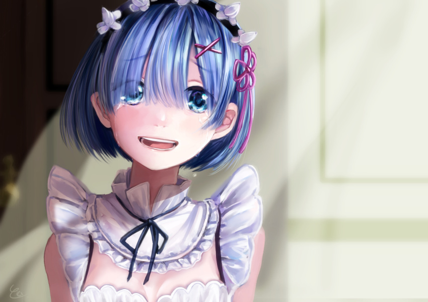 1girl blue_eyes blue_hair breasts cleavage crying crying_with_eyes_open eyebrows_visible_through_hair eyes_visible_through_hair hair_ornament hair_over_one_eye large_breasts looking_at_viewer maid maid_headdress parted_lips re:zero_kara_hajimeru_isekai_seikatsu rem_(re:zero) smile solo tears tomu_(zundaizu106) x_hair_ornament