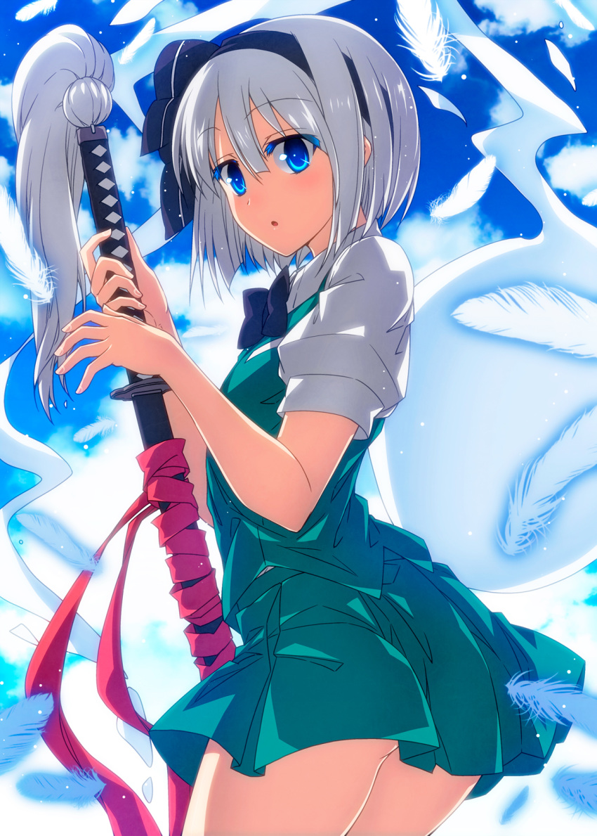 1girl :o ass blue_eyes blue_sky bow bowtie clouds feathers from_side green_skirt hair_ribbon hairband highres hitodama konpaku_youmu konpaku_youmu_(ghost) looking_at_viewer puffy_short_sleeves puffy_sleeves ribbon sazanami_mio scabbard sheath sheathed short_hair short_sleeves silver_hair skirt skirt_set sky solo standing sword tassel thighs touhou vest weapon