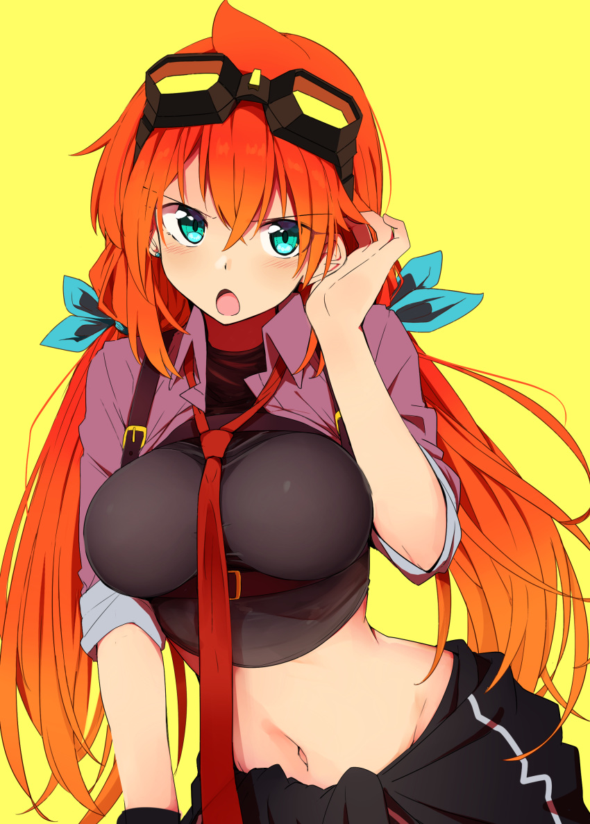 &gt;:o 1girl :o absurdres amano_tora bangs blue_bow blue_eyes blush bow breasts clothes_around_waist cowlick goggles hair_between_eyes hair_bow hand_up highres kazenoko large_breasts long_hair looking_at_viewer low_twintails midriff navel necktie open_mouth orange_hair original red_necktie redhead sidelocks simple_background solo sweater_around_waist twintails upper_body yellow_background