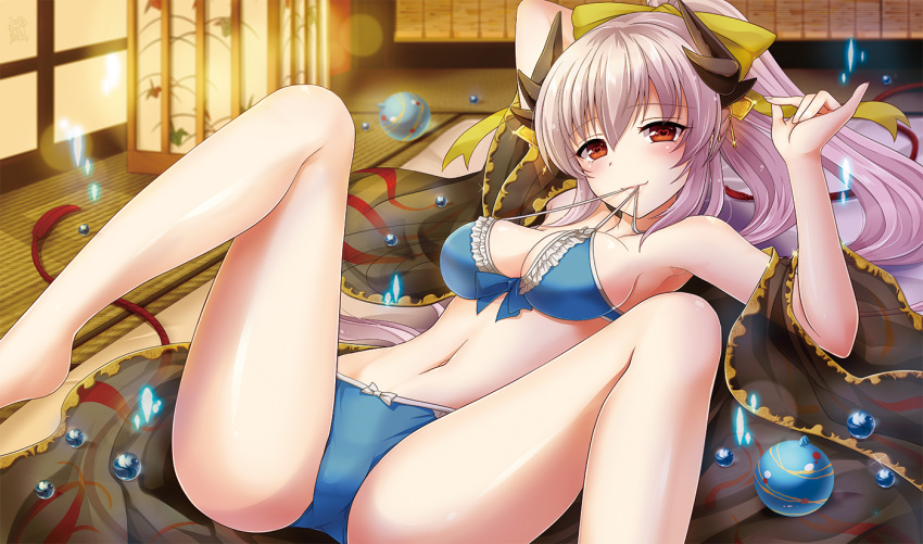 1girl asahi_yanagi bikini bow breasts fate/grand_order fate_(series) hair_bow heart heart-shaped_pupils horns japanese_clothes kiyohime_(fate/grand_order) kiyohime_(swimsuit_lancer)_(fate) long_hair looking_at_viewer lying medium_breasts mouth_hold navel on_back red_eyes silver_hair smile solo spread_legs swimsuit symbol-shaped_pupils tatami