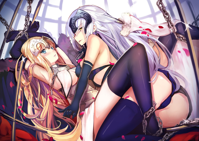 2girls ass black_legwear blonde_hair blue_eyes blush breasts cleavage eyebrows_visible_through_hair fate/grand_order fate_(series) jeanne_alter large_breasts long_hair looking_at_viewer multiple_girls parted_lips ruler_(fate/apocrypha) spirtie thigh-highs white_hair yellow_eyes